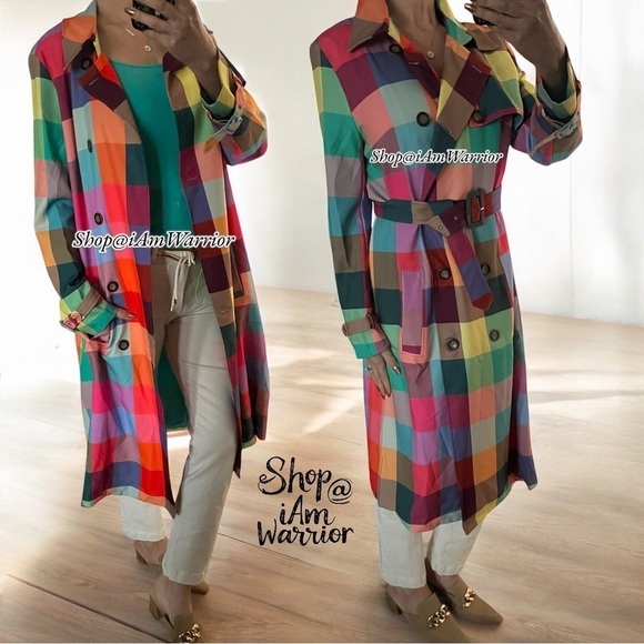 Rainbow checkered NWT double breasted belted trench coat *shop@iamwarrior - Picture 9 of 16